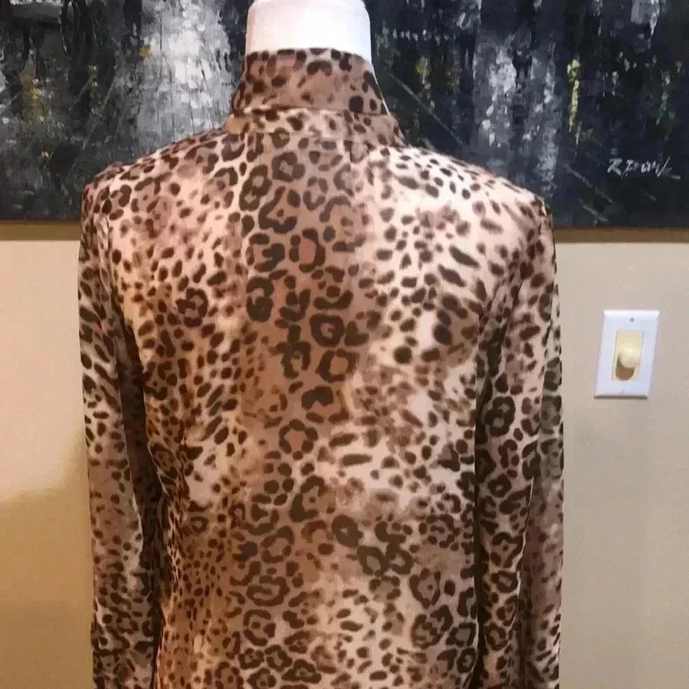 EVA MENDES Sheer Animal Long Sleeved Tie Neck Button Down Blouse-Size M - Picture 7 of 9